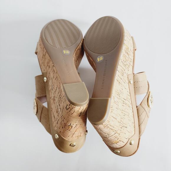 Tommy Hilfiger Tan Faux Suede Leather Cork Wedge Sandals with Gold Logo Size 9.5 - Picture 5 of 9